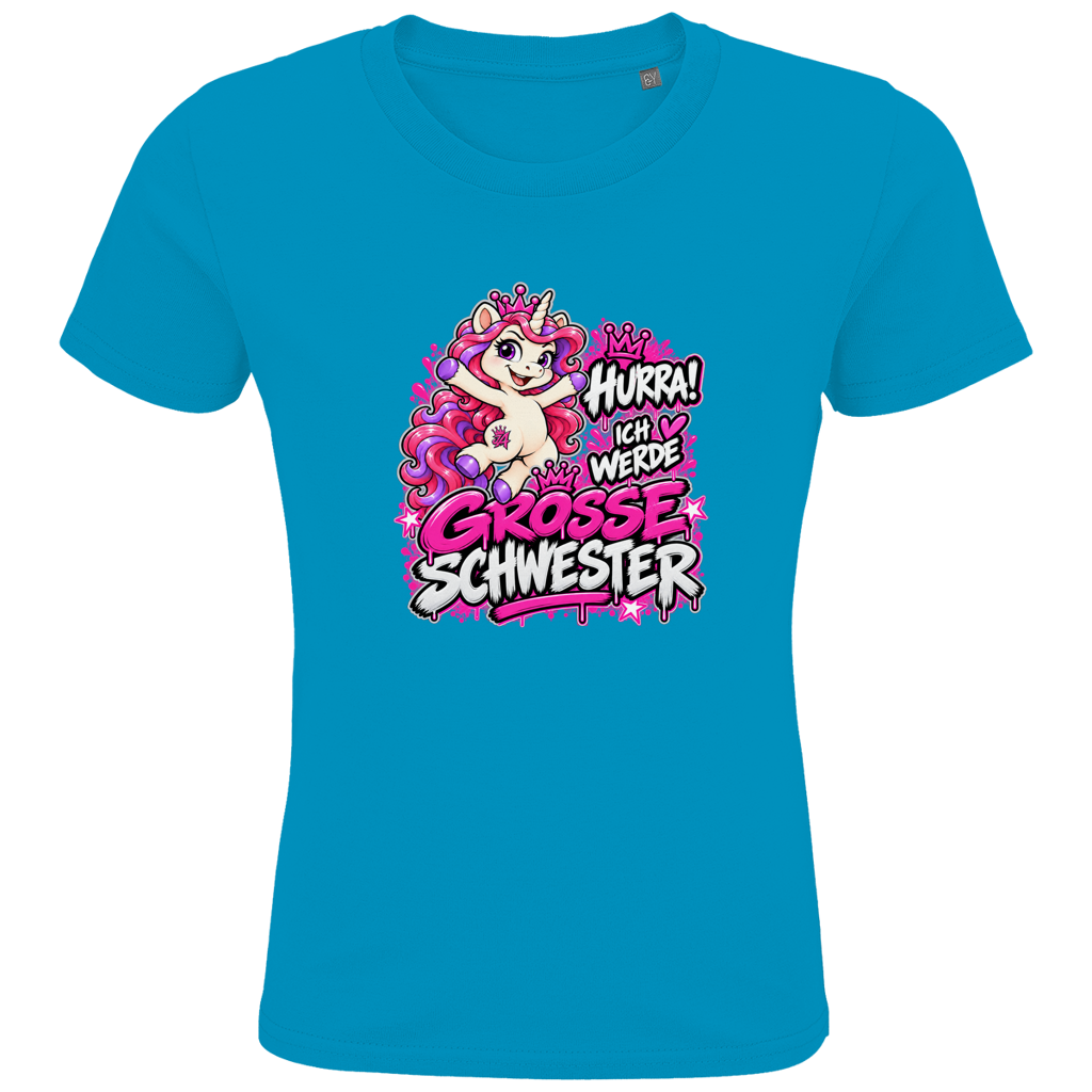 JA Große Schwester Einhorn – Kinder-T-Shirt in Aqua, Vorderansicht, Frontdruck: Einhorn Juna: „Hurra! Ich werde große Schwester“ – Geschenk zur Baby-Ankündigung