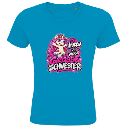 JA Große Schwester Einhorn – Kinder-T-Shirt in Aqua, Vorderansicht, Frontdruck: Einhorn Juna: „Hurra! Ich werde große Schwester“ – Geschenk zur Baby-Ankündigung