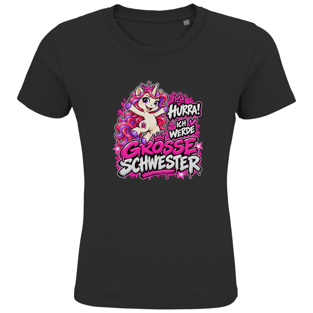 JA Große Schwester Einhorn – Kinder-T-Shirt in Schwarz, Vorderansicht, Frontdruck: Einhorn Juna: „Hurra! Ich werde große Schwester“ – Geschenk zur Baby-Ankündigung