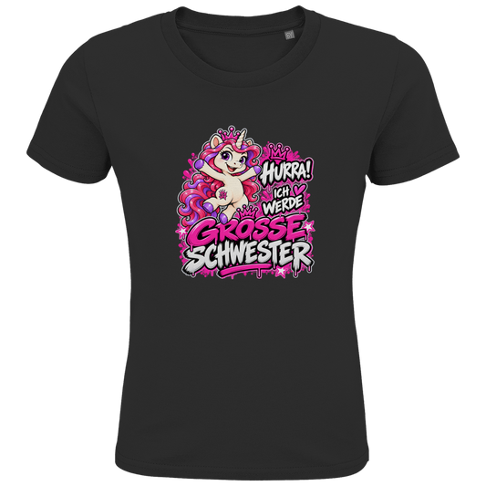 JA Große Schwester Einhorn – Kinder-T-Shirt in Schwarz, Vorderansicht, Frontdruck: Einhorn Juna: „Hurra! Ich werde große Schwester“ – Geschenk zur Baby-Ankündigung