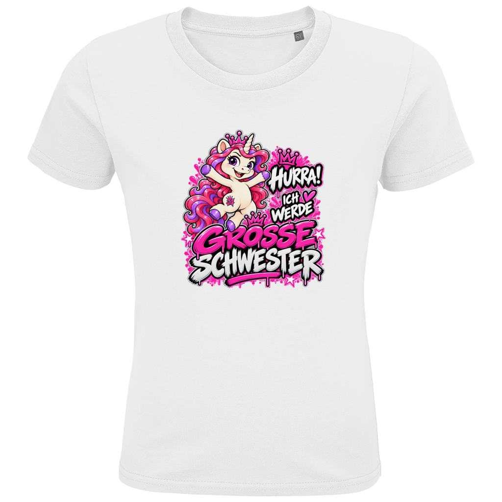 JA Große Schwester Einhorn – Kinder-T-Shirt in Weiß, Vorderansicht, Frontdruck: Einhorn Juna: „Hurra! Ich werde große Schwester“ – Geschenk zur Baby-Ankündigung