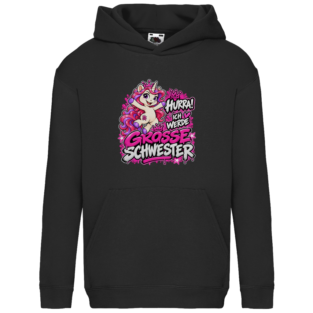 JA Große Schwester Einhorn – Kinder-Hoodie in Schwarz, Vorderansicht, Frontdruck: Einhorn Juna: „Hurra! Ich werde große Schwester“ – Geschenk zur Baby-Ankündigung