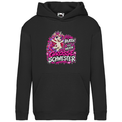 JA Große Schwester Einhorn – Kinder-Hoodie in Schwarz, Vorderansicht, Frontdruck: Einhorn Juna: „Hurra! Ich werde große Schwester“ – Geschenk zur Baby-Ankündigung