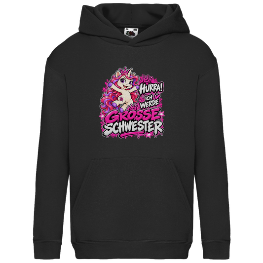 JA Große Schwester Einhorn – Kinder-Hoodie in Schwarz, Vorderansicht, Frontdruck: Einhorn Juna: „Hurra! Ich werde große Schwester“ – Geschenk zur Baby-Ankündigung