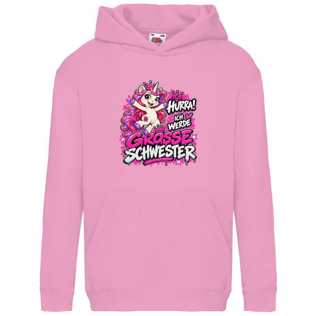 JA Große Schwester Einhorn – Kinder-Hoodie in Hellrosa, Vorderansicht, Frontdruck: Einhorn Juna: „Hurra! Ich werde große Schwester“ – Geschenk zur Baby-Ankündigung