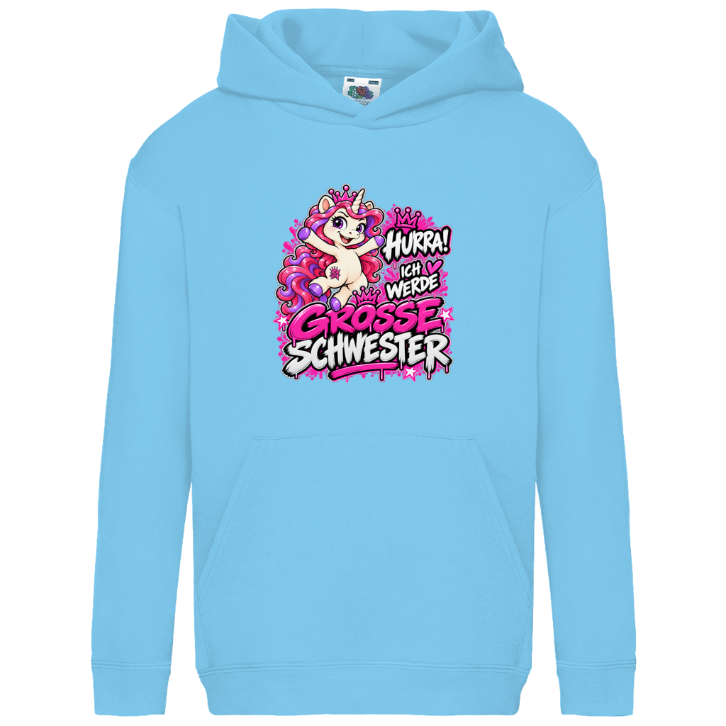 JA Große Schwester Einhorn – Kinder-Hoodie in Himmelblau, Vorderansicht, Frontdruck: Einhorn Juna: „Hurra! Ich werde große Schwester“ – Geschenk zur Baby-Ankündigung