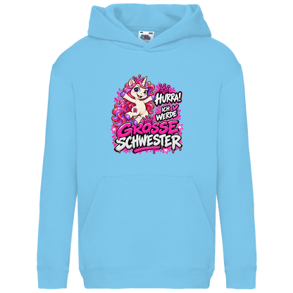 JA Große Schwester Einhorn – Kinder-Hoodie in Himmelblau, Vorderansicht, Frontdruck: Einhorn Juna: „Hurra! Ich werde große Schwester“ – Geschenk zur Baby-Ankündigung