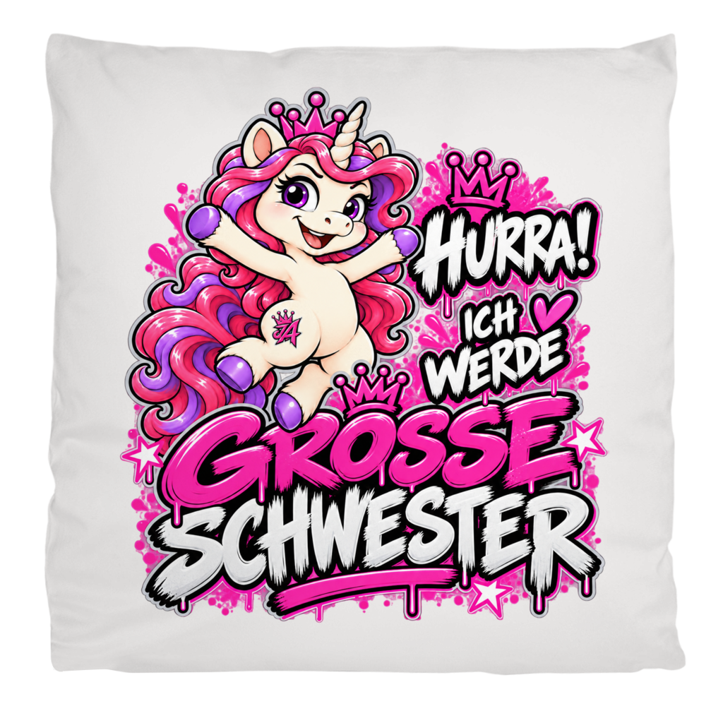 JA Große Schwester Einhorn – Flauschkissen in Cremeweiß, Aufdruck: Einhorn Juna: „Hurra! Ich werde große Schwester“ – Geschenk zur Baby-Ankündigung