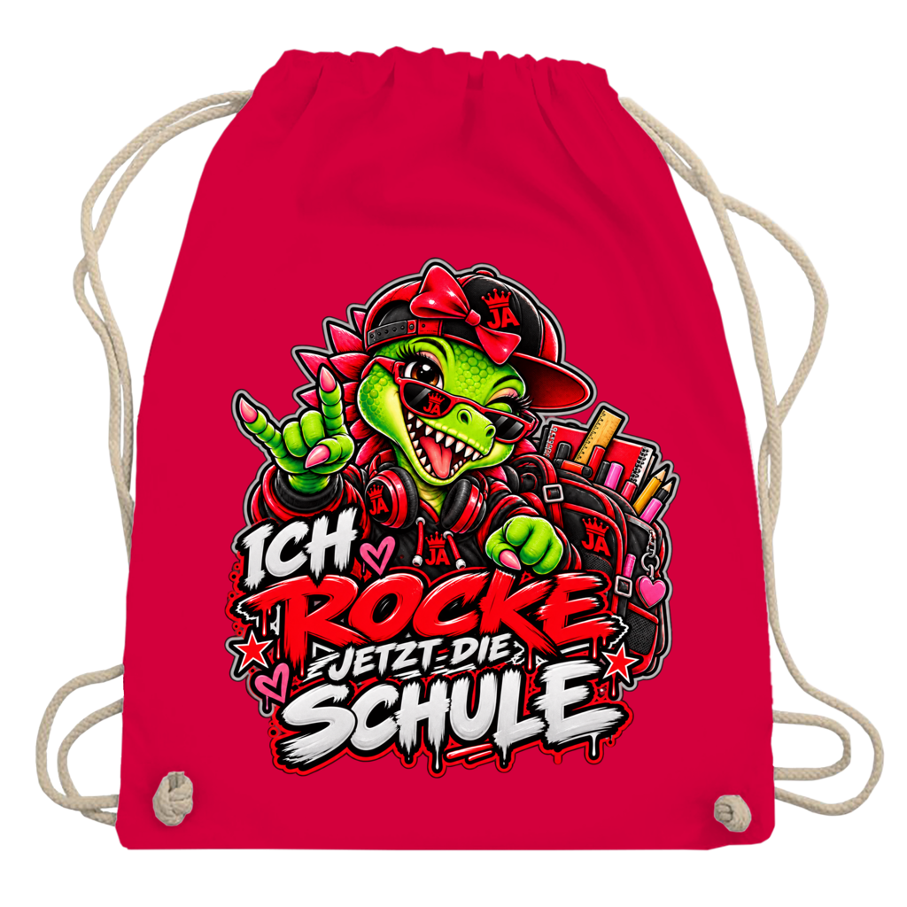 JA Schulstart Dino Mädchen – Turnbeutel in Rot, Aufdruck: Dino-Mädchen mit Schulsachen: „Ich rocke jetzt die Schule“ zur Einschulung
