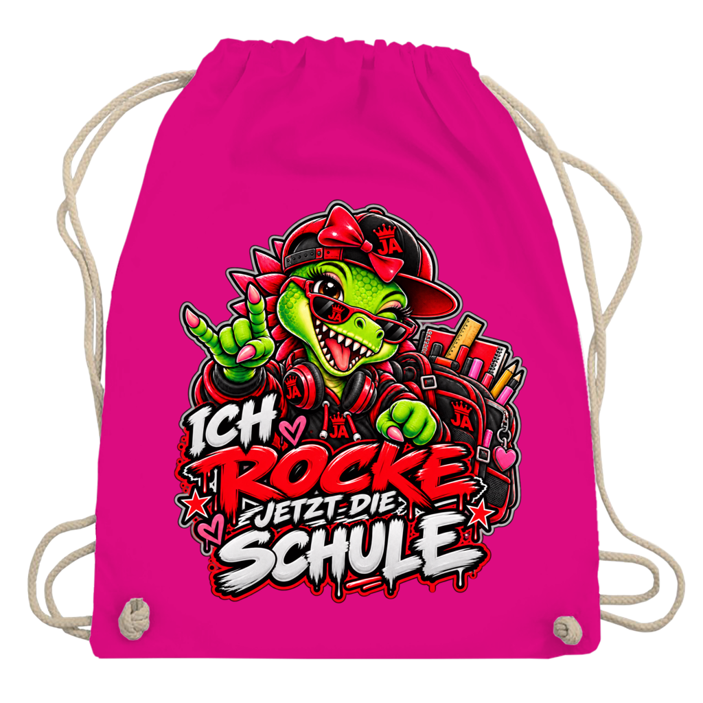 JA Schulstart Dino Mädchen – Turnbeutel in Fuchsia, Aufdruck: Dino-Mädchen mit Schulsachen: „Ich rocke jetzt die Schule“ zur Einschulung