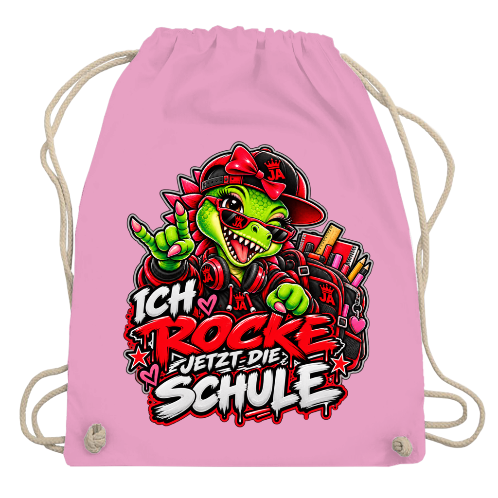 JA Schulstart Dino Mädchen – Turnbeutel in Rosa, Aufdruck: Dino-Mädchen mit Schulsachen: „Ich rocke jetzt die Schule“ zur Einschulung