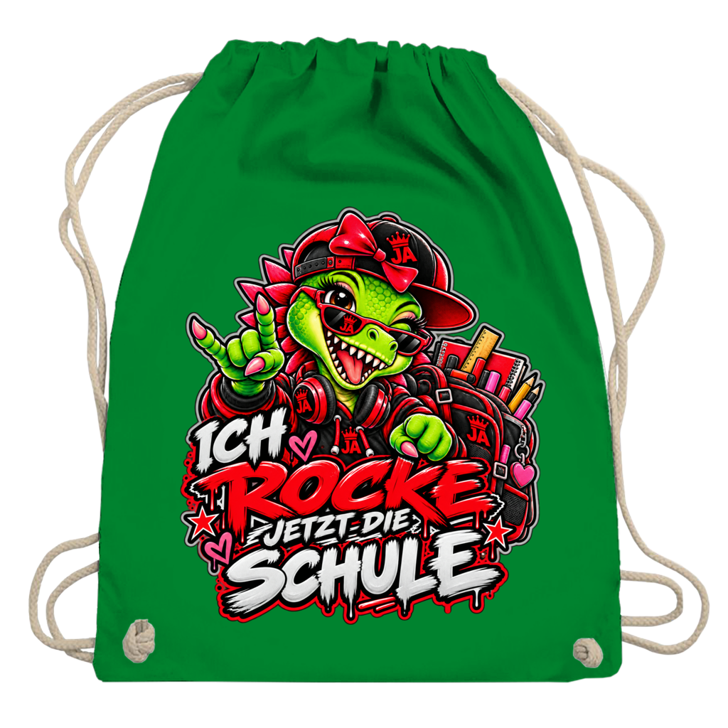 JA Schulstart Dino Mädchen – Turnbeutel in Kellygrün, Aufdruck: Dino-Mädchen mit Schulsachen: „Ich rocke jetzt die Schule“ zur Einschulung