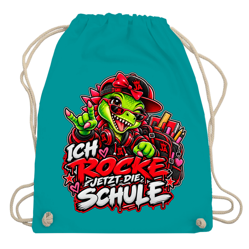 JA Schulstart Dino Mädchen – Turnbeutel in Smaragdgrün, Aufdruck: Dino-Mädchen mit Schulsachen: „Ich rocke jetzt die Schule“ zur Einschulung