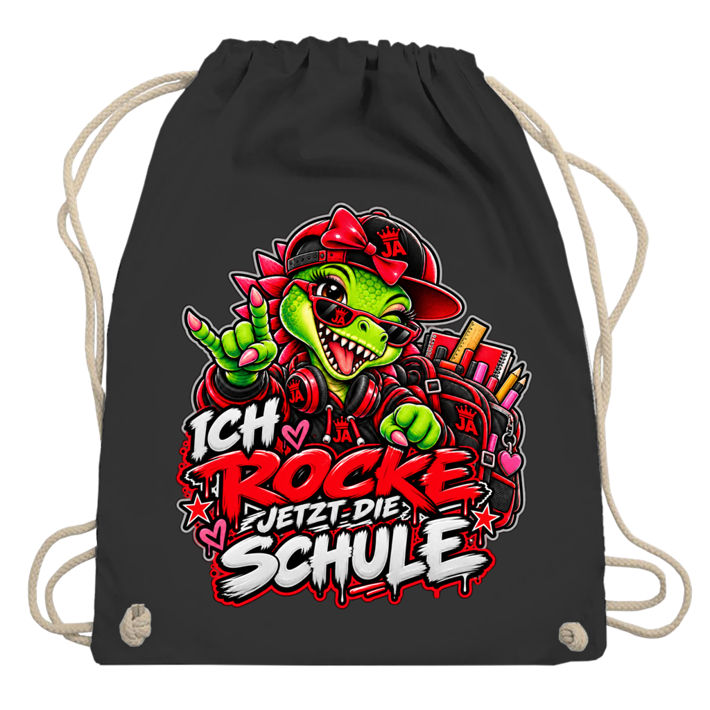 JA Schulstart Dino Mädchen – Turnbeutel in Schwarz, Aufdruck: Dino-Mädchen mit Schulsachen: „Ich rocke jetzt die Schule“ zur Einschulung