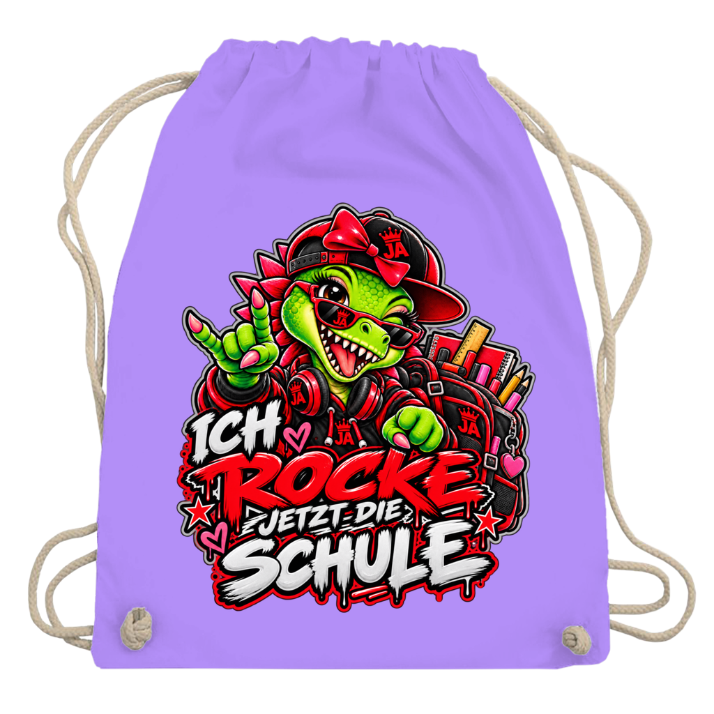 JA Schulstart Dino Mädchen – Turnbeutel in Lavendel, Aufdruck: Dino-Mädchen mit Schulsachen: „Ich rocke jetzt die Schule“ zur Einschulung