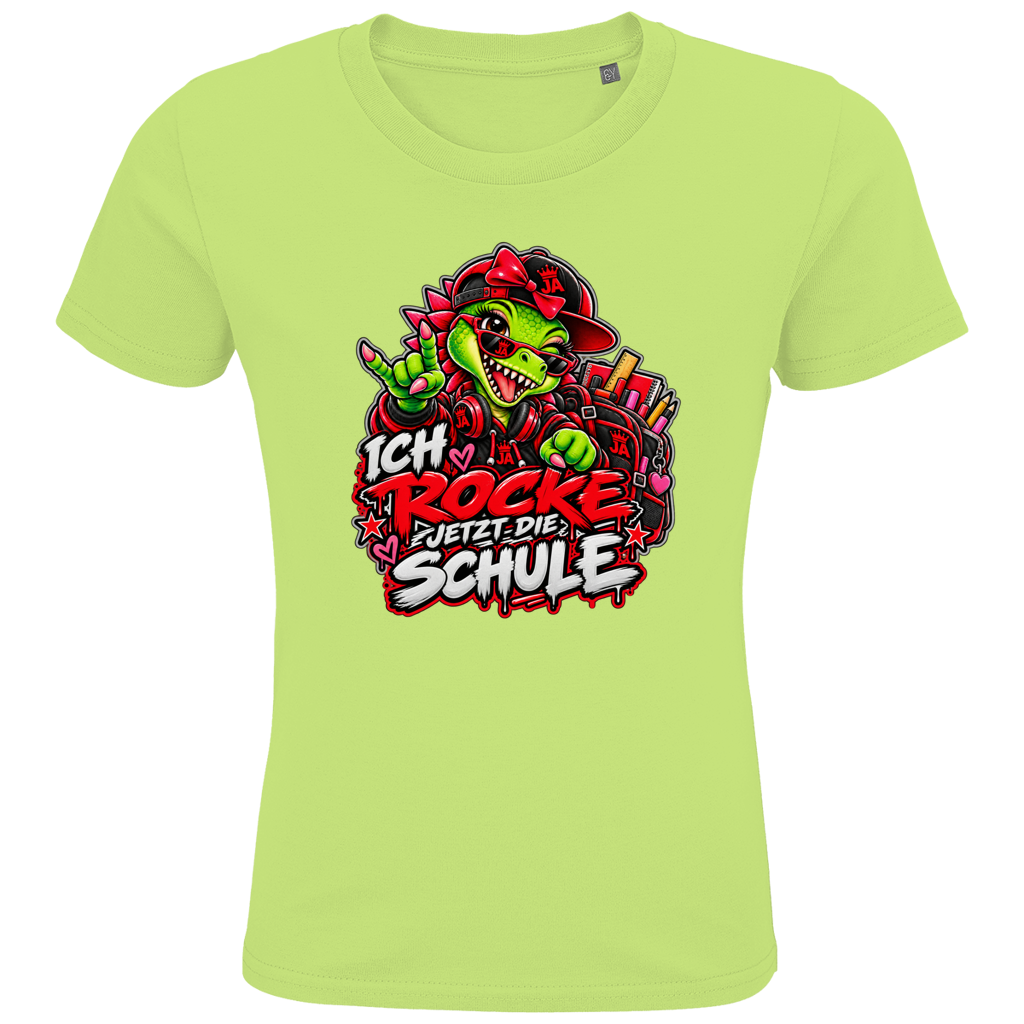 JA Schulstart Dino Mädchen – Kinder-T-Shirt in Apfelgrün, Vorderansicht, Frontdruck: Dino-Mädchen mit Schulsachen: „Ich rocke jetzt die Schule“ zur Einschulung