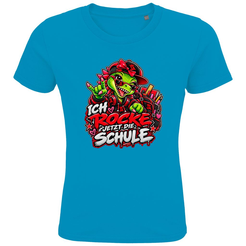 JA Schulstart Dino Mädchen – Kinder-T-Shirt in Aqua, Vorderansicht, Frontdruck: Dino-Mädchen mit Schulsachen: „Ich rocke jetzt die Schule“ zur Einschulung