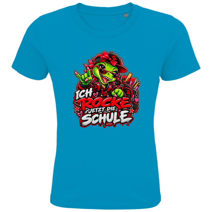 JA Schulstart Dino Mädchen – Kinder-T-Shirt in Aqua, Vorderansicht, Frontdruck: Dino-Mädchen mit Schulsachen: „Ich rocke jetzt die Schule“ zur Einschulung