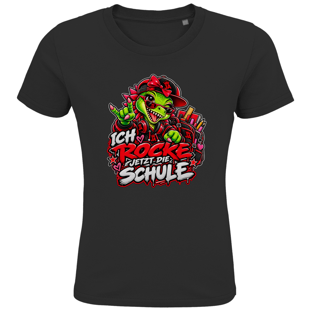 JA Schulstart Dino Mädchen – Kinder-T-Shirt in Schwarz, Vorderansicht, Frontdruck: Dino-Mädchen mit Schulsachen: „Ich rocke jetzt die Schule“ zur Einschulung