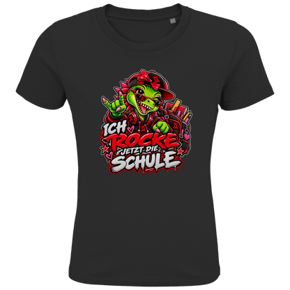JA Schulstart Dino Mädchen – Kinder-T-Shirt in Schwarz, Vorderansicht, Frontdruck: Dino-Mädchen mit Schulsachen: „Ich rocke jetzt die Schule“ zur Einschulung