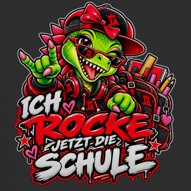 JA Schulstart Dino Mädchen – Kinder-T-Shirt in Schwarz, Nahaufnahme vom Motiv