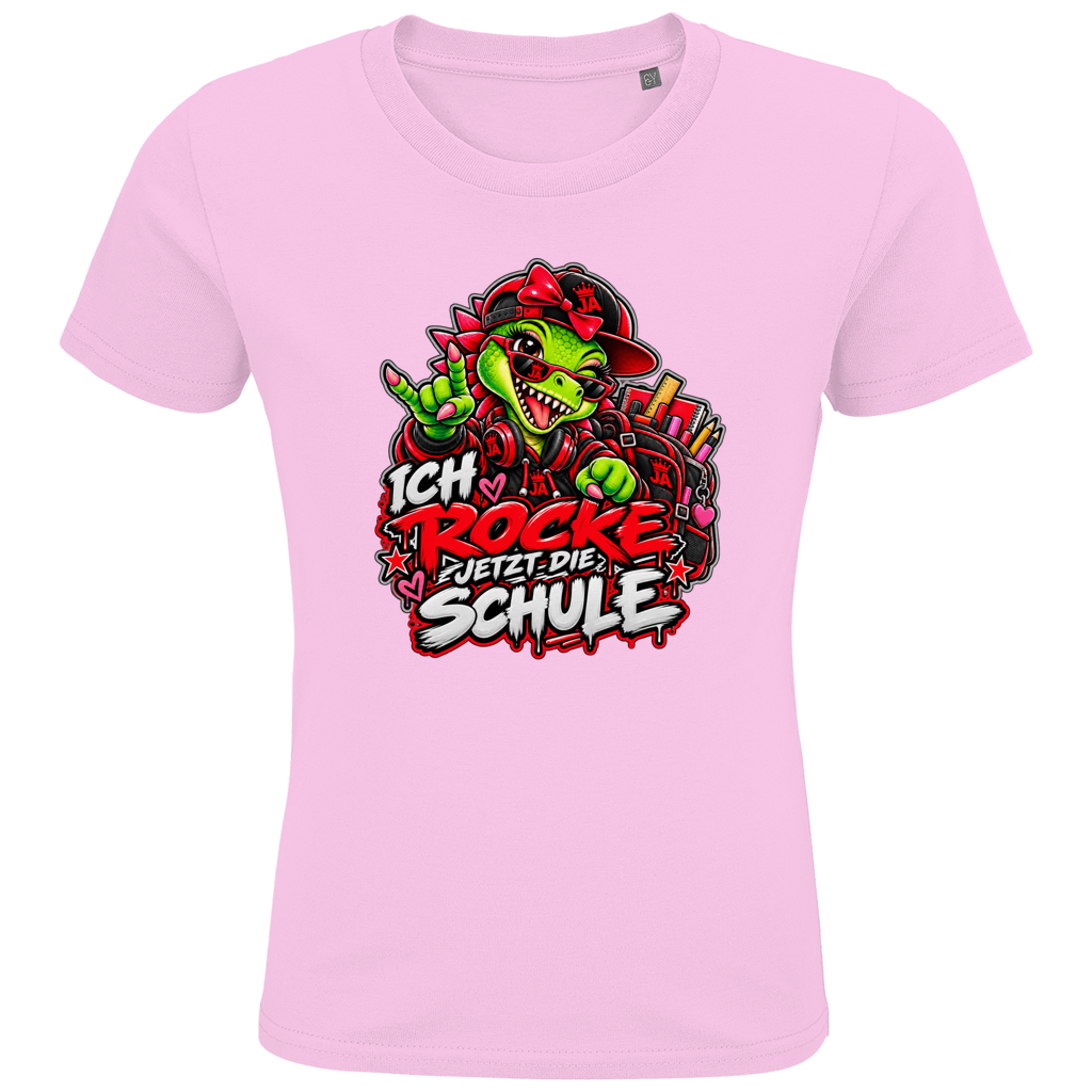 JA Schulstart Dino Mädchen – Kinder-T-Shirt in Zartrosa, Vorderansicht, Frontdruck: Dino-Mädchen mit Schulsachen: „Ich rocke jetzt die Schule“ zur Einschulung