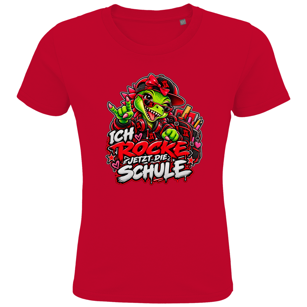 JA Schulstart Dino Mädchen – Kinder-T-Shirt in Rot, Vorderansicht, Frontdruck: Dino-Mädchen mit Schulsachen: „Ich rocke jetzt die Schule“ zur Einschulung