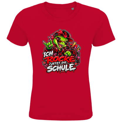 JA Schulstart Dino Mädchen – Kinder-T-Shirt in Rot, Vorderansicht, Frontdruck: Dino-Mädchen mit Schulsachen: „Ich rocke jetzt die Schule“ zur Einschulung