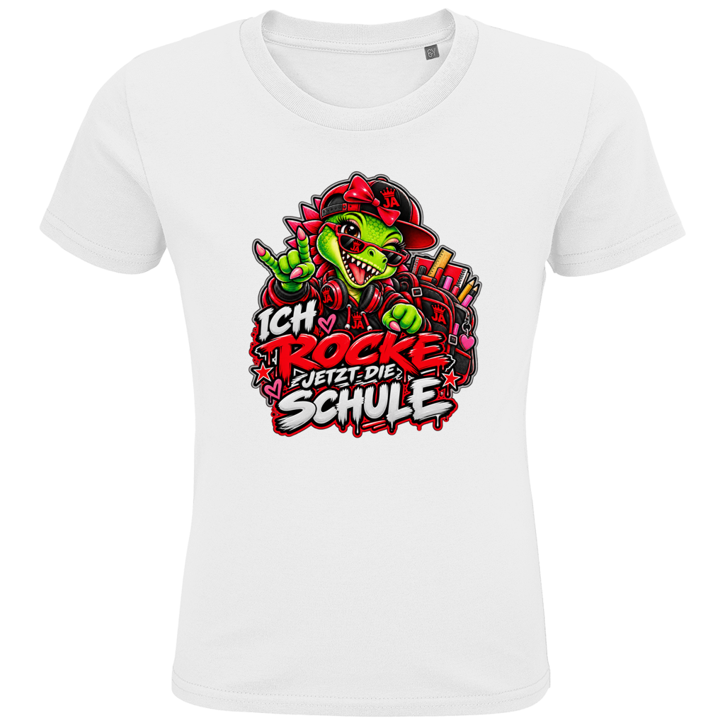 JA Schulstart Dino Mädchen – Kinder-T-Shirt in Weiß, Vorderansicht, Frontdruck: Dino-Mädchen mit Schulsachen: „Ich rocke jetzt die Schule“ zur Einschulung