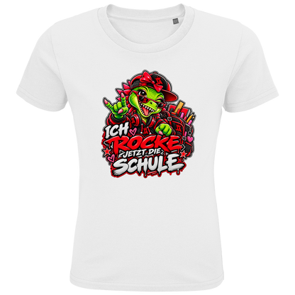JA Schulstart Dino Mädchen – Kinder-T-Shirt in Weiß, Vorderansicht, Frontdruck: Dino-Mädchen mit Schulsachen: „Ich rocke jetzt die Schule“ zur Einschulung
