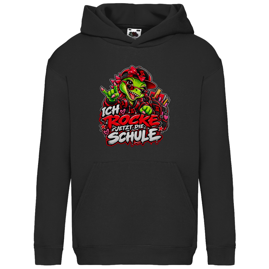 JA Schulstart Dino Mädchen – Kinder-Hoodie in Schwarz, Vorderansicht, Frontdruck: Dino-Mädchen mit Schulsachen: „Ich rocke jetzt die Schule“ zur Einschulung