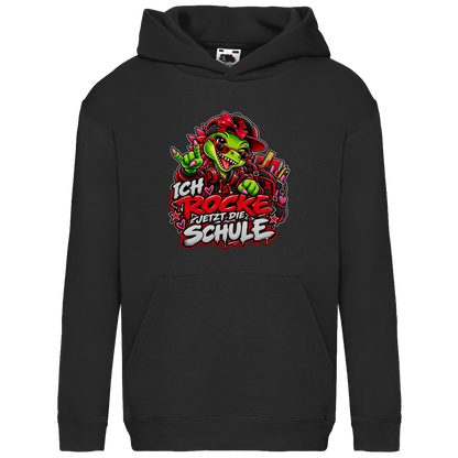 JA Schulstart Dino Mädchen – Kinder-Hoodie in Schwarz, Vorderansicht, Frontdruck: Dino-Mädchen mit Schulsachen: „Ich rocke jetzt die Schule“ zur Einschulung