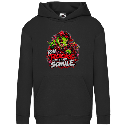 JA Schulstart Dino Mädchen – Kinder-Hoodie in Schwarz, Vorderansicht, Frontdruck: Dino-Mädchen mit Schulsachen: „Ich rocke jetzt die Schule“ zur Einschulung