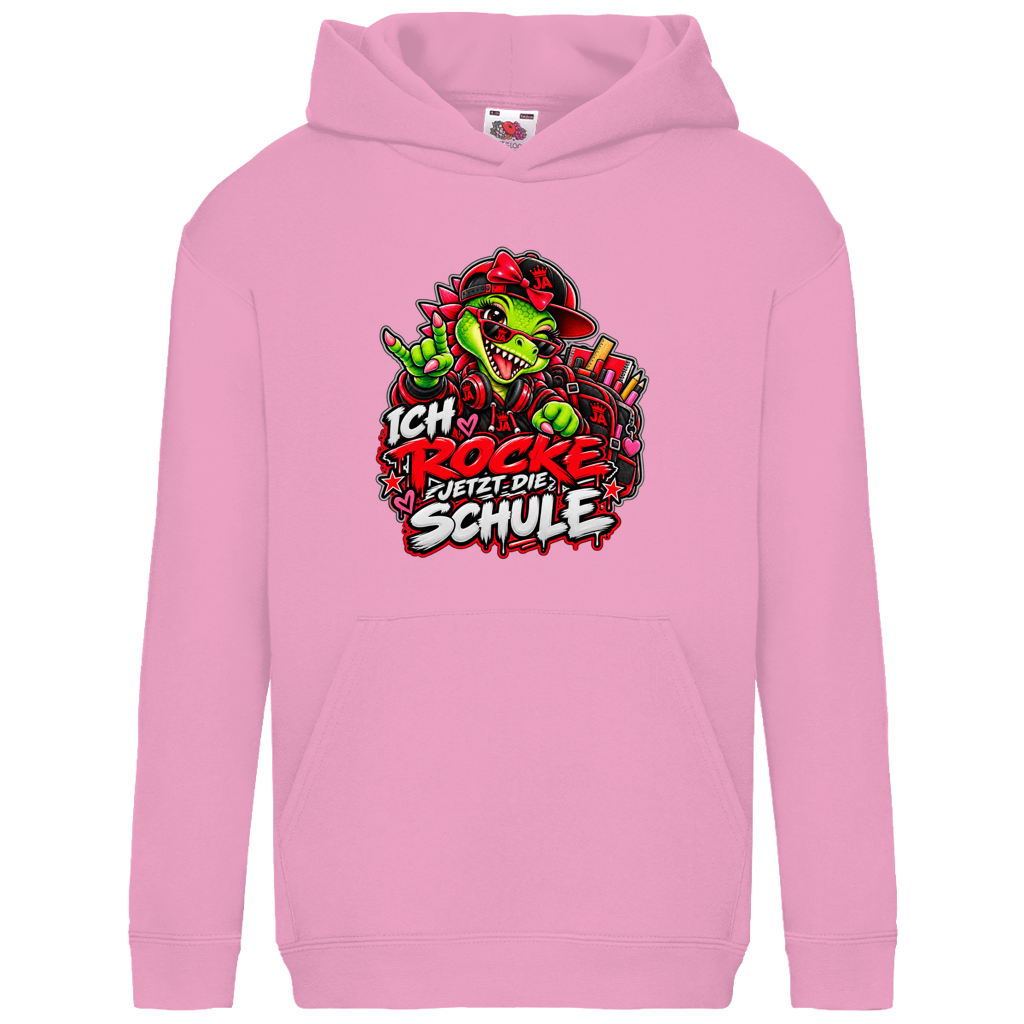 JA Schulstart Dino Mädchen – Kinder-Hoodie in Hellrosa, Vorderansicht, Frontdruck: Dino-Mädchen mit Schulsachen: „Ich rocke jetzt die Schule“ zur Einschulung