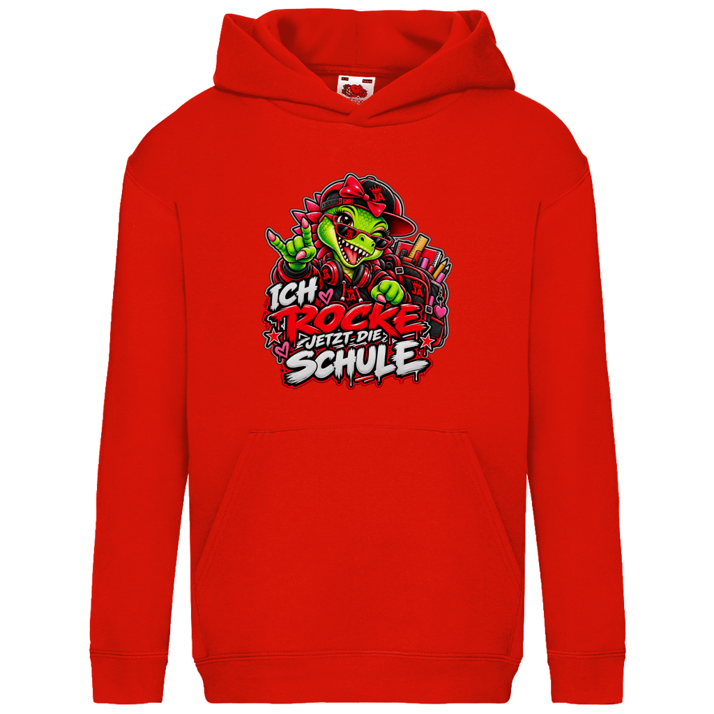 JA Schulstart Dino Mädchen – Kinder-Hoodie in Rot, Vorderansicht, Frontdruck: Dino-Mädchen mit Schulsachen: „Ich rocke jetzt die Schule“ zur Einschulung