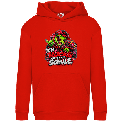 JA Schulstart Dino Mädchen – Kinder-Hoodie in Rot, Vorderansicht, Frontdruck: Dino-Mädchen mit Schulsachen: „Ich rocke jetzt die Schule“ zur Einschulung