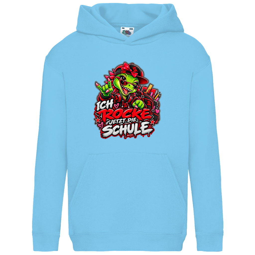 JA Schulstart Dino Mädchen – Kinder-Hoodie in Himmelblau, Vorderansicht, Frontdruck: Dino-Mädchen mit Schulsachen: „Ich rocke jetzt die Schule“ zur Einschulung