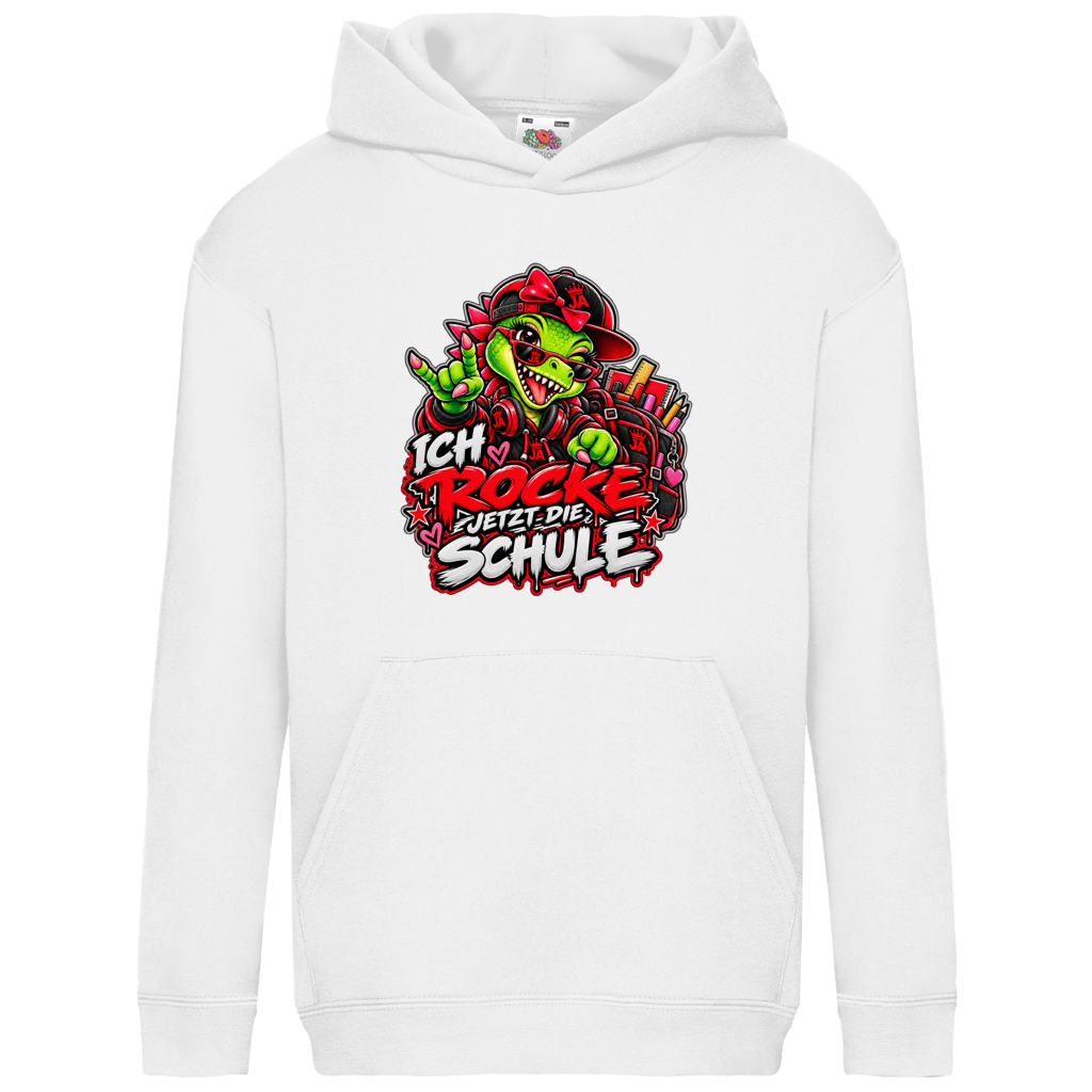 JA Schulstart Dino Mädchen – Kinder-Hoodie in Weiß, Vorderansicht, Frontdruck: Dino-Mädchen mit Schulsachen: „Ich rocke jetzt die Schule“ zur Einschulung