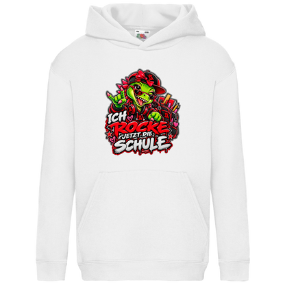 JA Schulstart Dino Mädchen – Kinder-Hoodie in Weiß, Vorderansicht, Frontdruck: Dino-Mädchen mit Schulsachen: „Ich rocke jetzt die Schule“ zur Einschulung