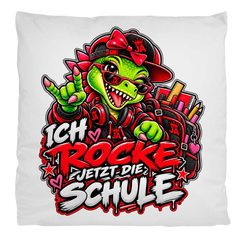 JA Schulstart Dino Mädchen – Flauschkissen in Cremeweiß, Aufdruck: Dino-Mädchen mit Schulsachen: „Ich rocke jetzt die Schule“ zur Einschulung