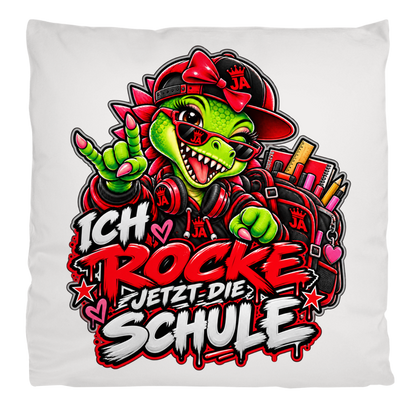 JA Schulstart Dino Mädchen – Flauschkissen in Cremeweiß, Aufdruck: Dino-Mädchen mit Schulsachen: „Ich rocke jetzt die Schule“ zur Einschulung