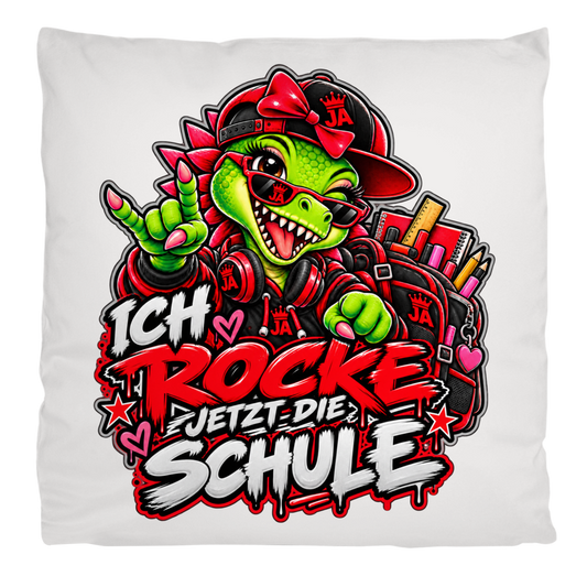 JA Schulstart Dino Mädchen – Flauschkissen in Cremeweiß, Aufdruck: Dino-Mädchen mit Schulsachen: „Ich rocke jetzt die Schule“ zur Einschulung