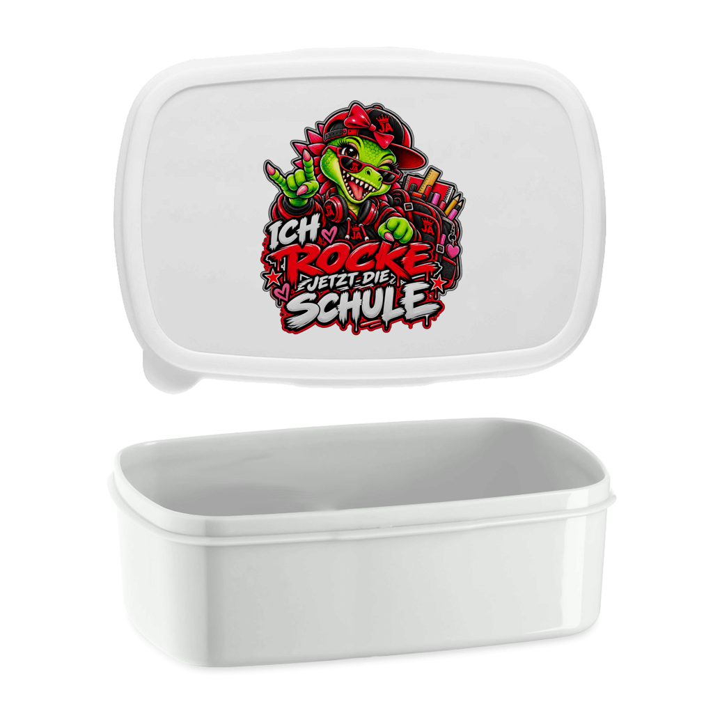 JA Schulstart Dino Mädchen – Lunchbox in Weiß, Aufdruck: Dino-Mädchen mit Schulsachen: „Ich rocke jetzt die Schule“ zur Einschulung