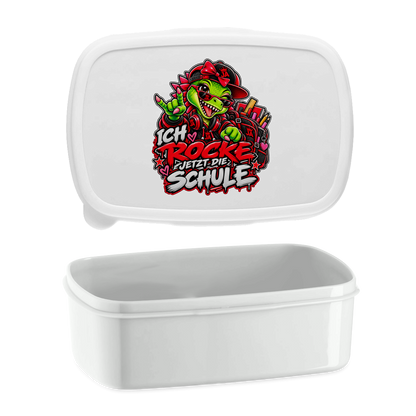 JA Schulstart Dino Mädchen – Lunchbox in Weiß, Aufdruck: Dino-Mädchen mit Schulsachen: „Ich rocke jetzt die Schule“ zur Einschulung