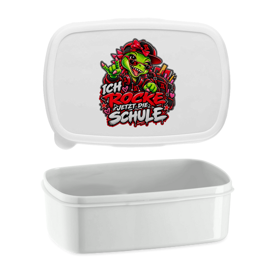 JA Schulstart Dino Mädchen – Lunchbox in Weiß, Aufdruck: Dino-Mädchen mit Schulsachen: „Ich rocke jetzt die Schule“ zur Einschulung