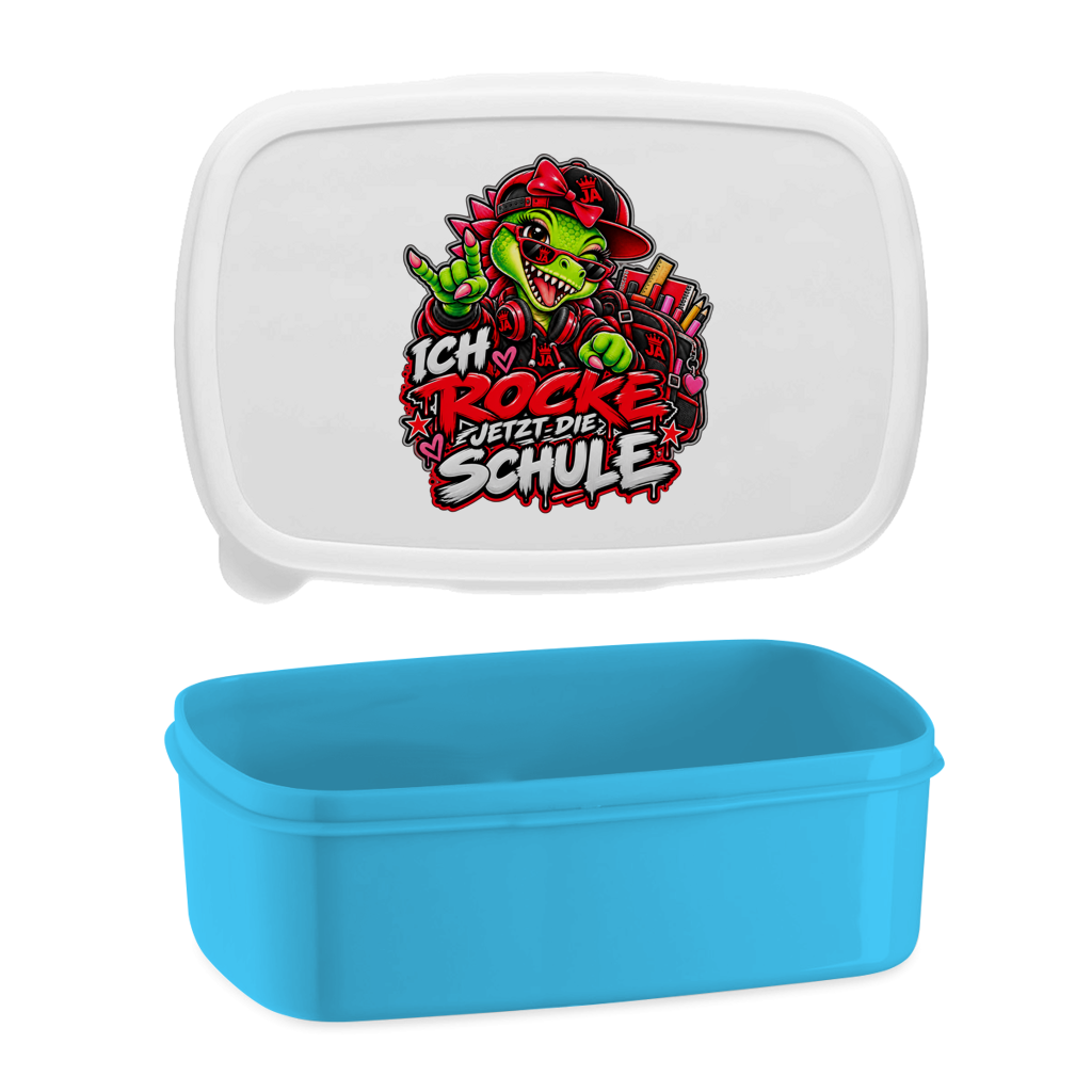 JA Schulstart Dino Mädchen – Lunchbox in Blau, Aufdruck: Dino-Mädchen mit Schulsachen: „Ich rocke jetzt die Schule“ zur Einschulung