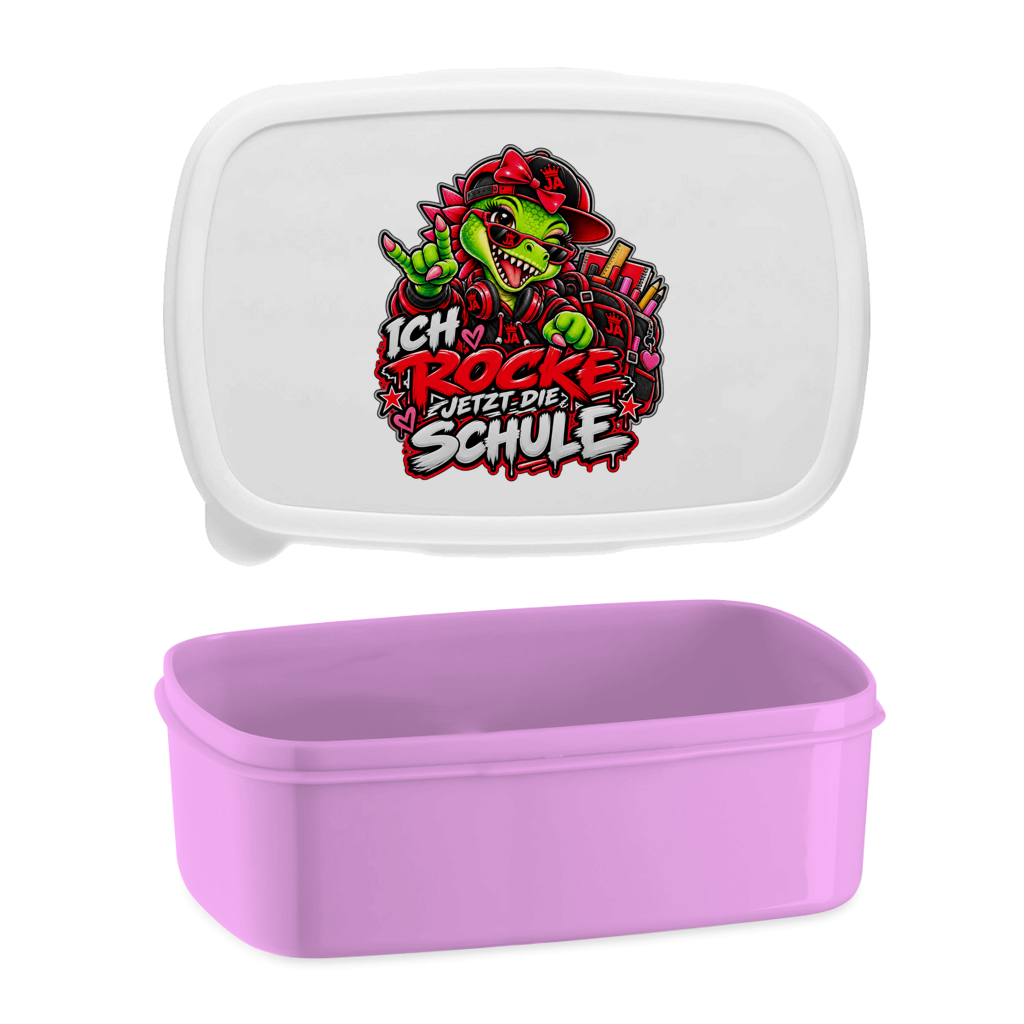 JA Schulstart Dino Mädchen – Lunchbox in Pink, Aufdruck: Dino-Mädchen mit Schulsachen: „Ich rocke jetzt die Schule“ zur Einschulung