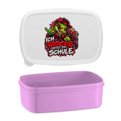 JA Schulstart Dino Mädchen – Lunchbox in Pink, Aufdruck: Dino-Mädchen mit Schulsachen: „Ich rocke jetzt die Schule“ zur Einschulung