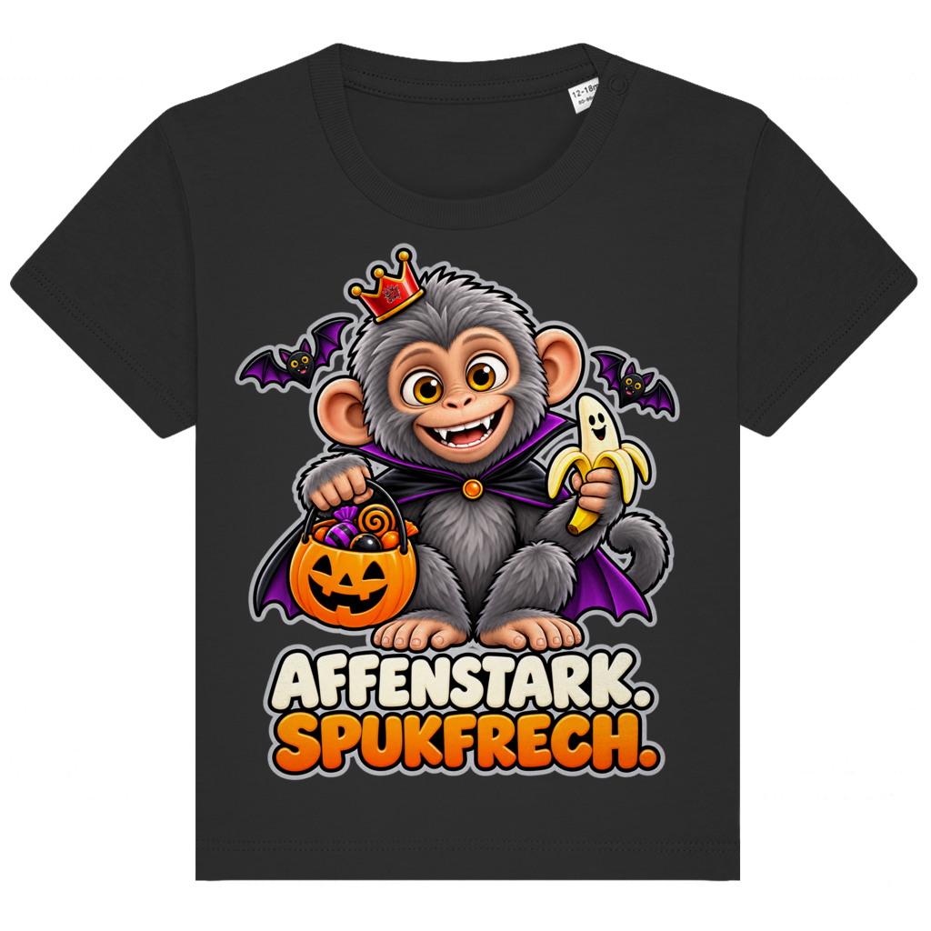 JA Spukaffe – Baby-T-Shirt in Schwarz, Vorderansicht, Frontdruck: Kleiner Affe im Vampirumhang: „Affenstark. Spukfrech.“ – Kinder-Halloween