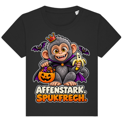 JA Spukaffe – Baby-T-Shirt in Schwarz, Vorderansicht, Frontdruck: Kleiner Affe im Vampirumhang: „Affenstark. Spukfrech.“ – Kinder-Halloween